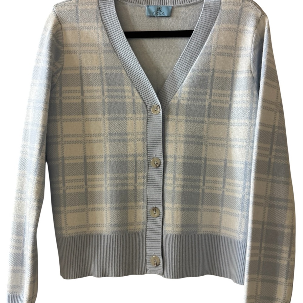 CeCe Light Blue  and White Plaid Cardigan size M excellent condition